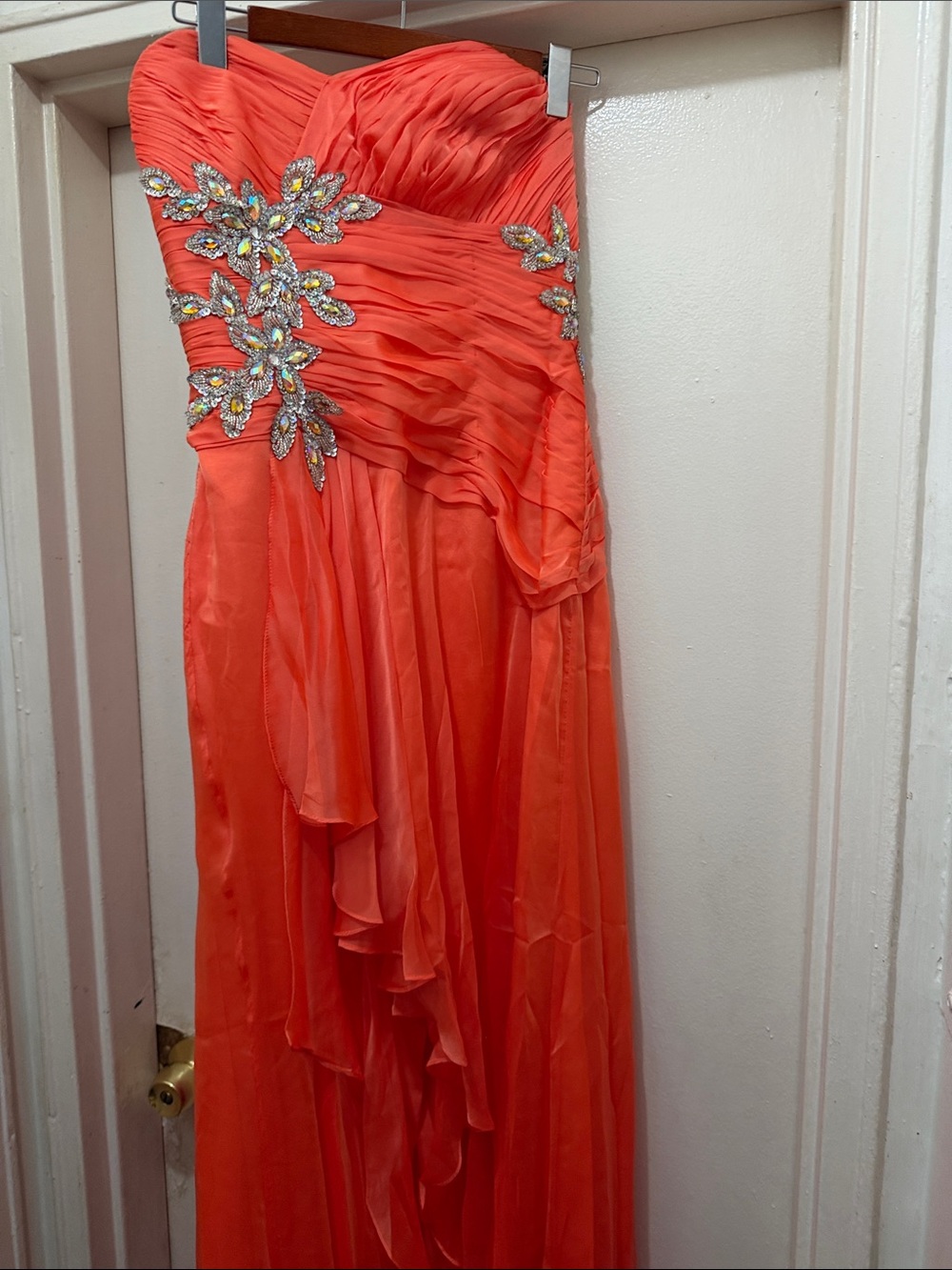 Mori Lee Strapless Coral-Orange Evening Gown with Crystal Appliqués